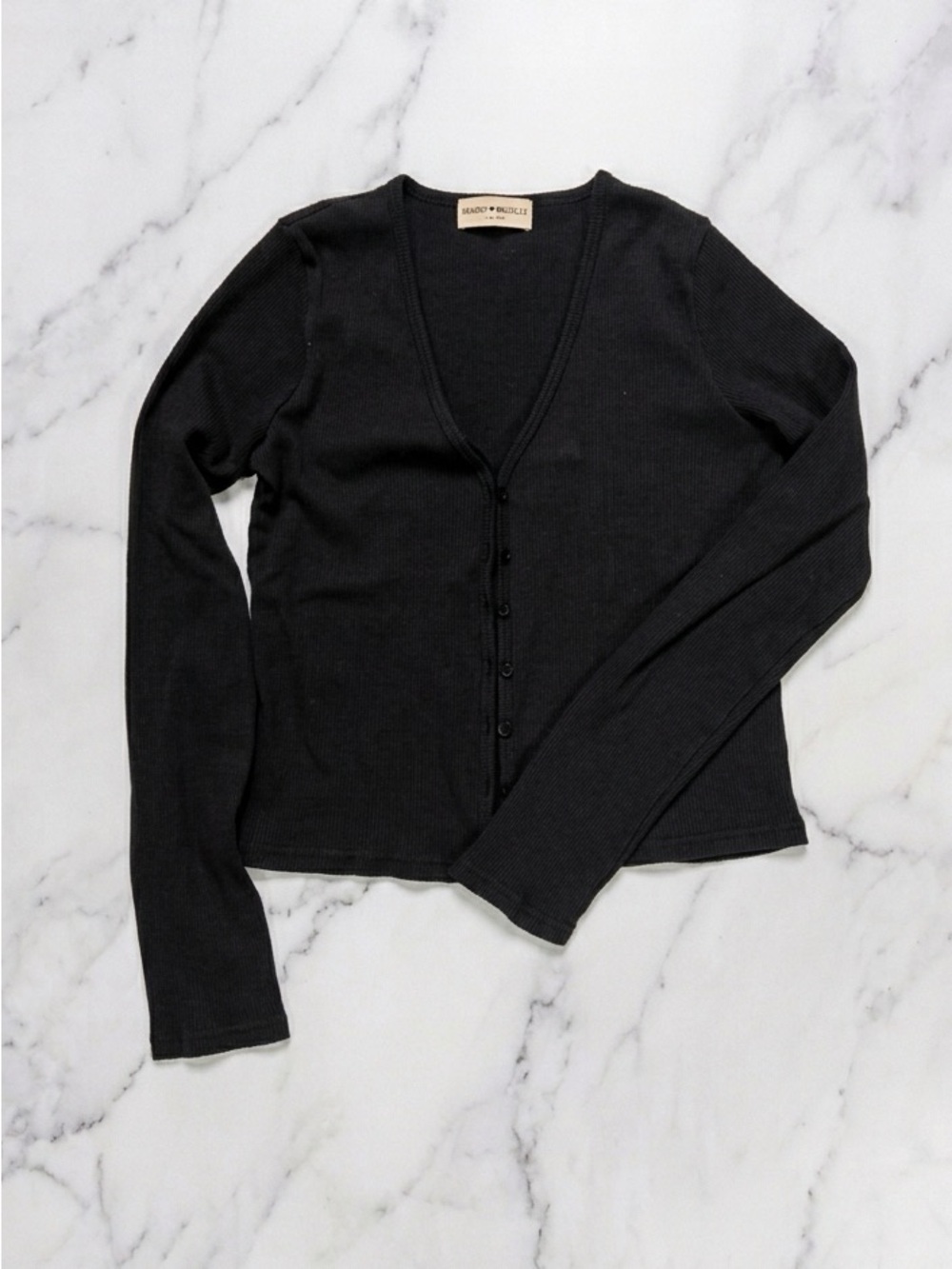 Women's Black Ribbed Button-Front Long Sleeve Top - Brandy Melville
